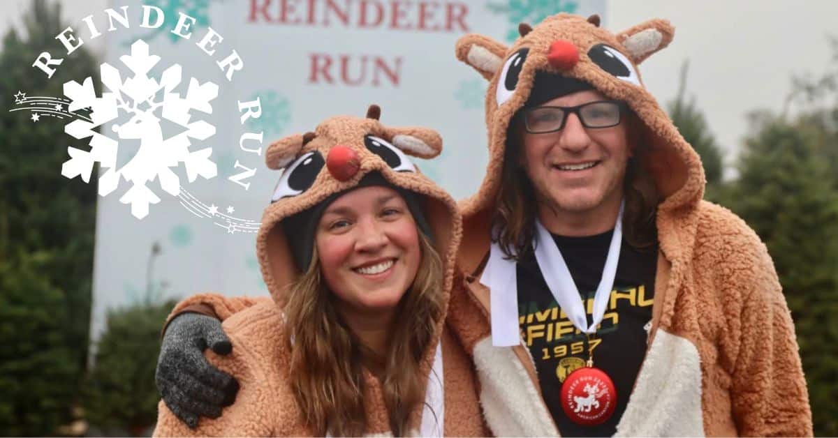 Couple in reindeer costumes after completing the reindeer run