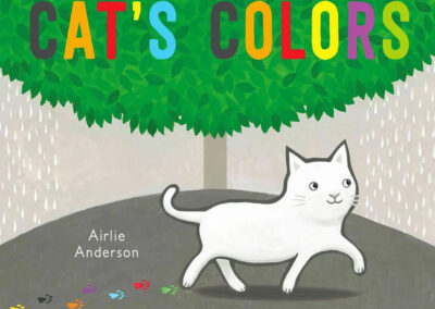 cats-colors.book cover with a cat walking under a tree with rain all around