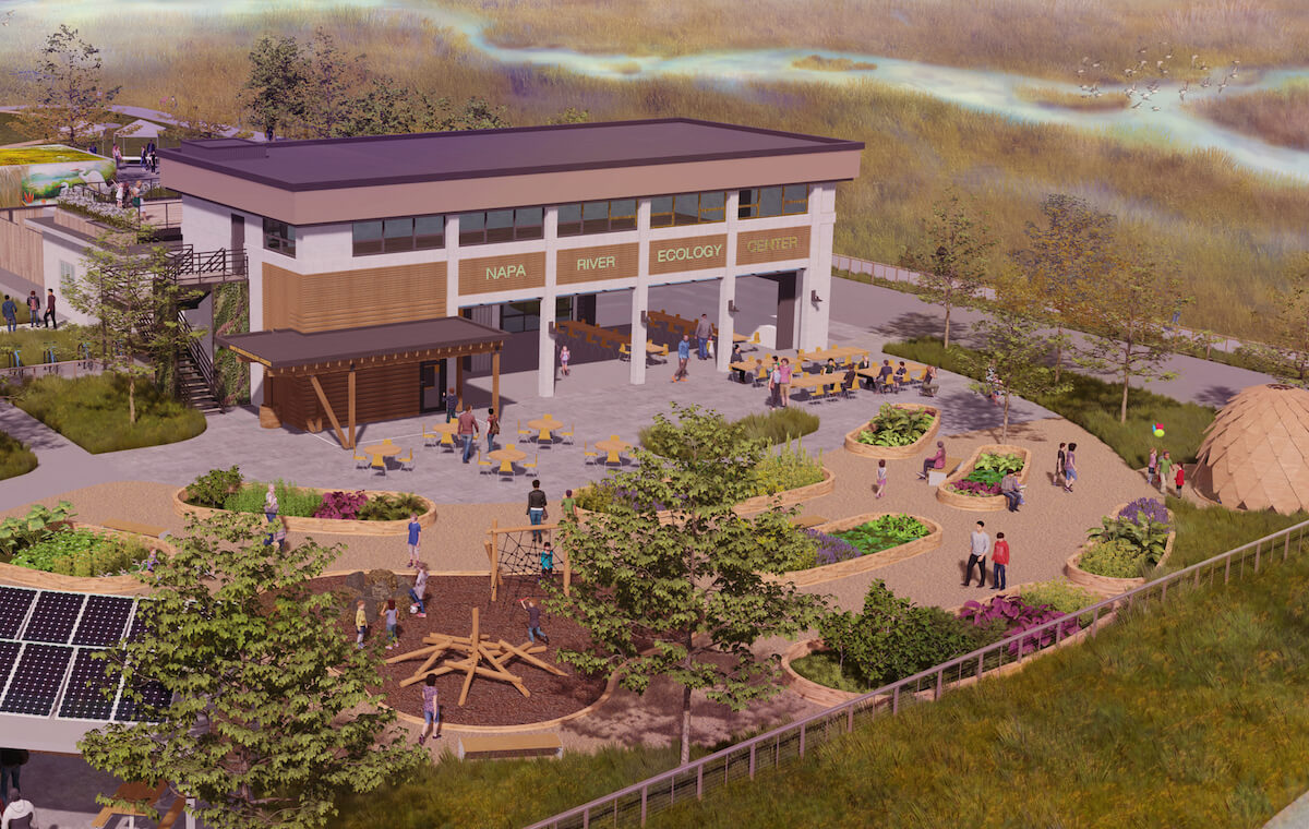 rendering of living building and community space 