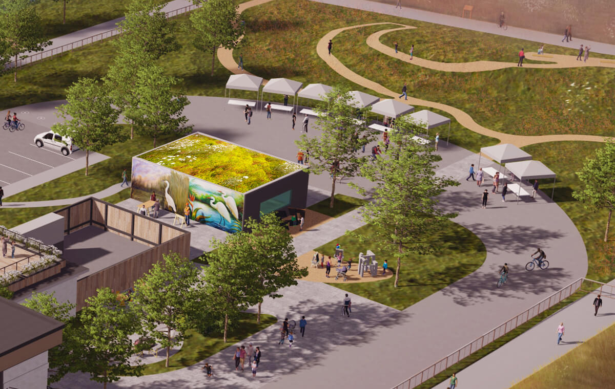 rendering of living building and community space