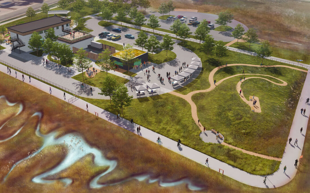 rendering of back of wetlands building and community area