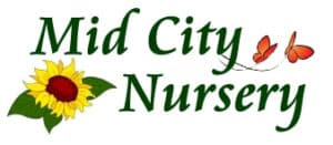 Mid City Nursery logo with a sunflower and butterflies