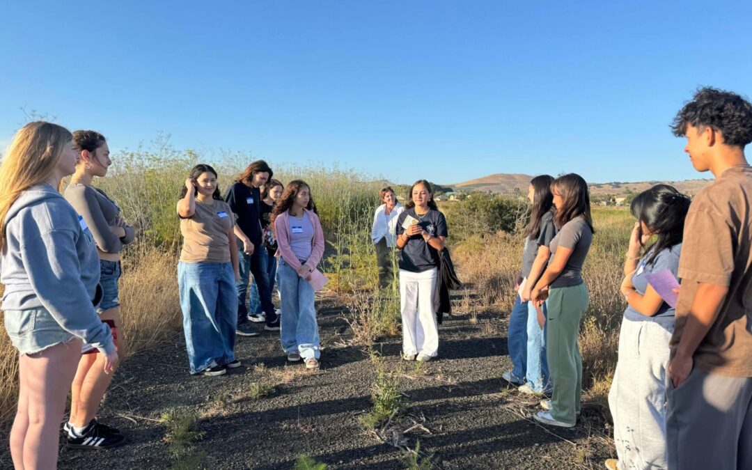 Teen WILD Volunteers teaching back on a nature walk. teens standing in a circle with a blue sky behind them