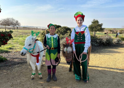 two kids dressed as elves holding the reins of ponies